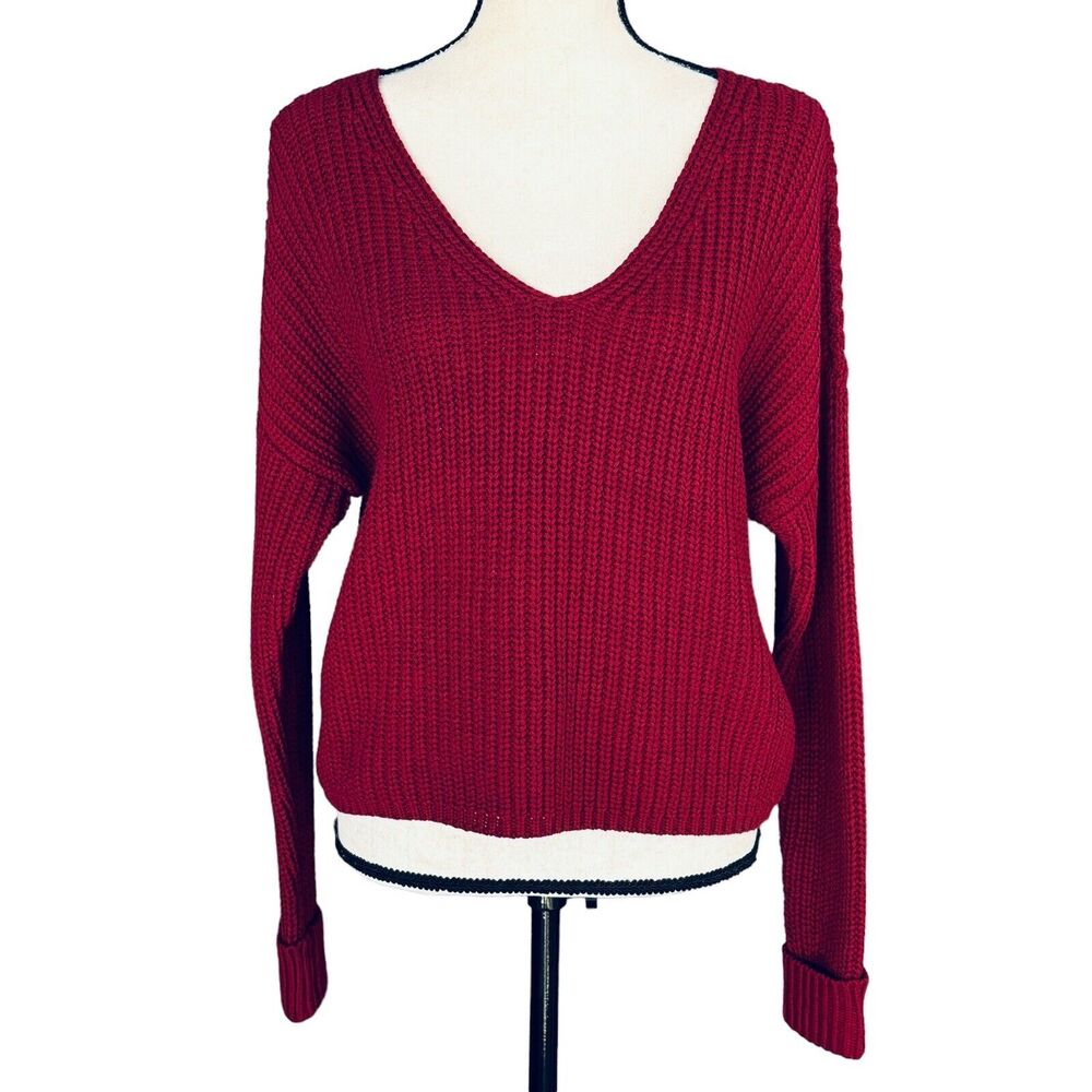 Bar III Small Sweater Long Sleeve Cuffed Stretch V-Neck Chunky Knit Burgundy Red